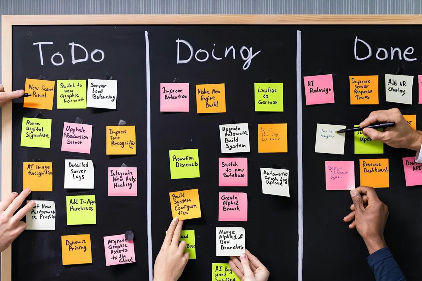 Team moving sticky notes across a To Do, Doing, Done board
