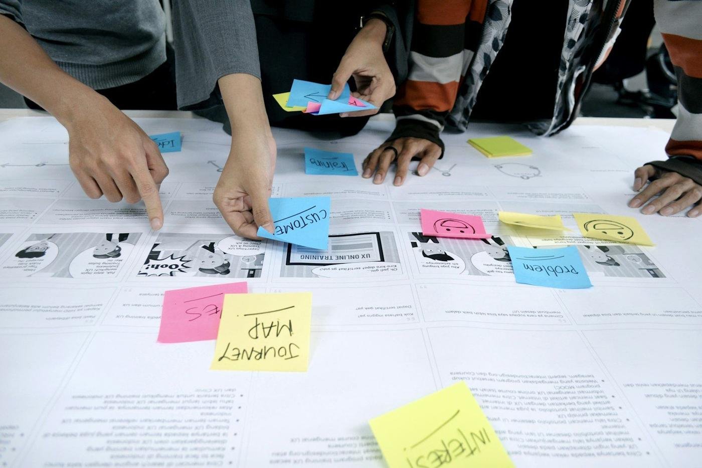 Team members arranging sticky notes on a planning sheet